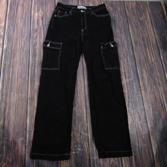 S.O.N.G. Pants - S.O.N.G. Pants Juniors 7/28 Black Cargo Twill Relaxed Fit Cotton Zip Fly Pockets